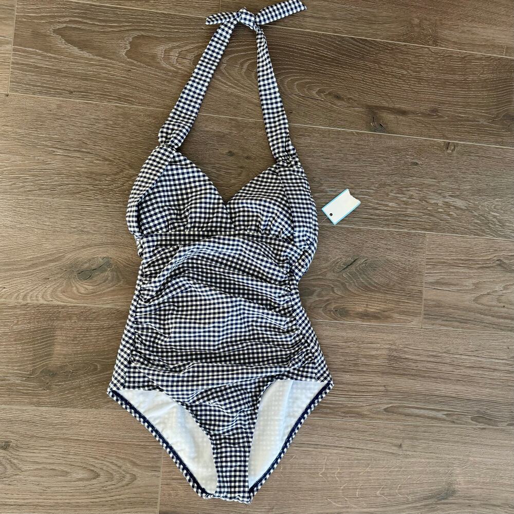 Draper James RSVP Preppy Gingham Swimsuit Ruched Halter Xsmall NEW